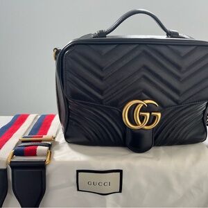 GUCCI Calfskin Matelasse Sylvie Web GG Marmont Shoulder Bag Black
